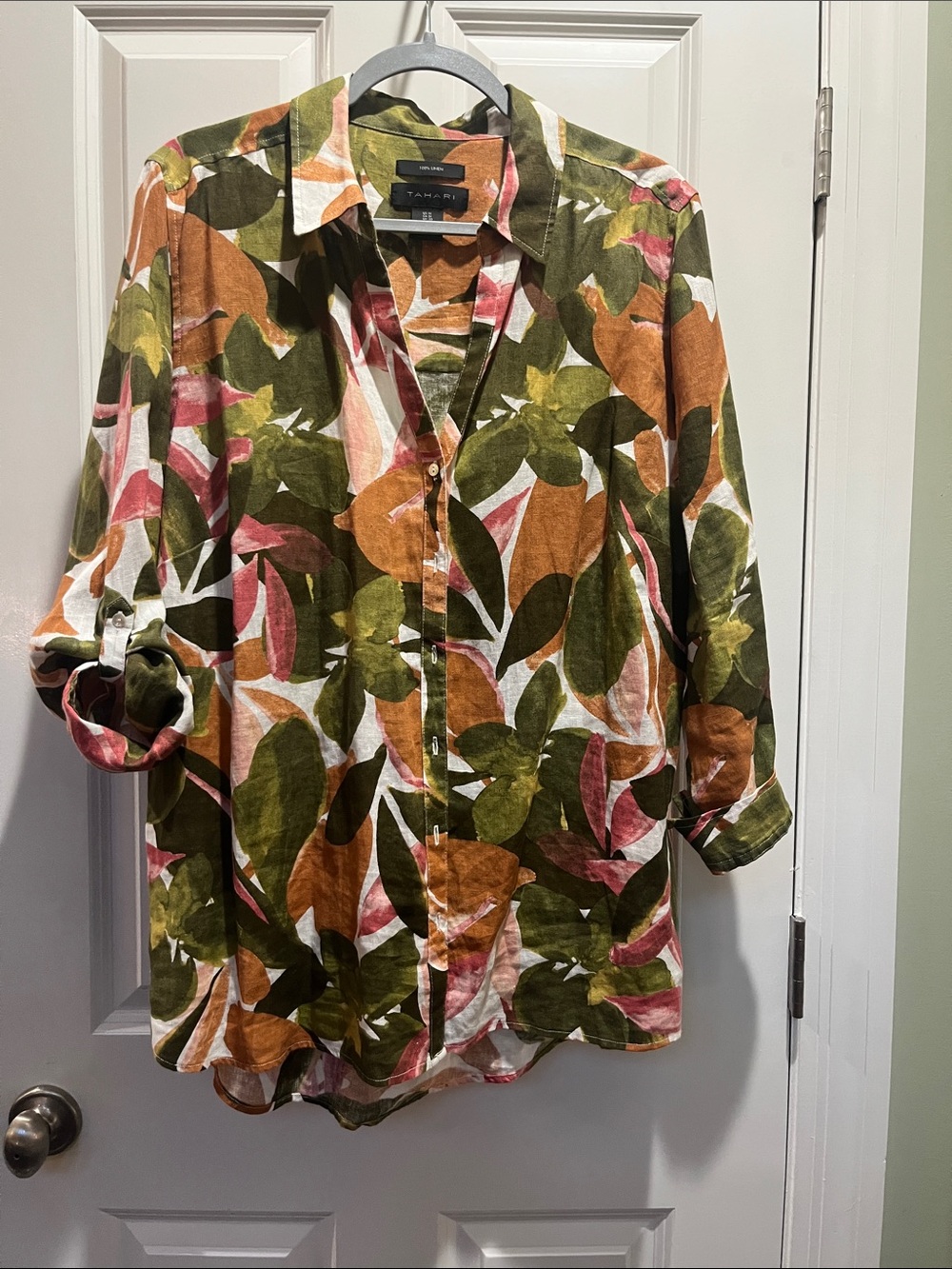 Tahari Olive, Rust & Pink Leaf-Print 100% Linen Button-Down Shirt